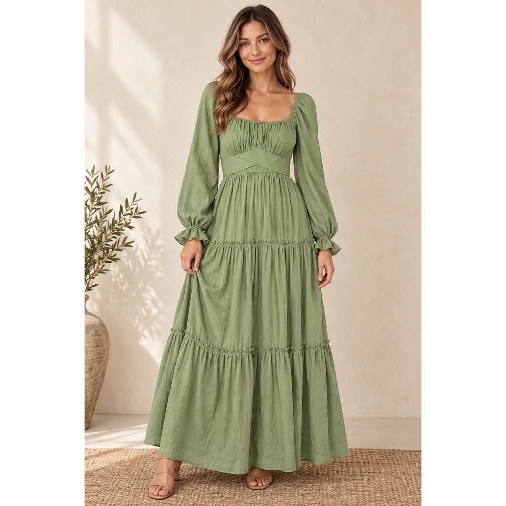 Francesca's Sage Green Tiered Maxi Dress Long Puff Sleeve Boho Sage Medium